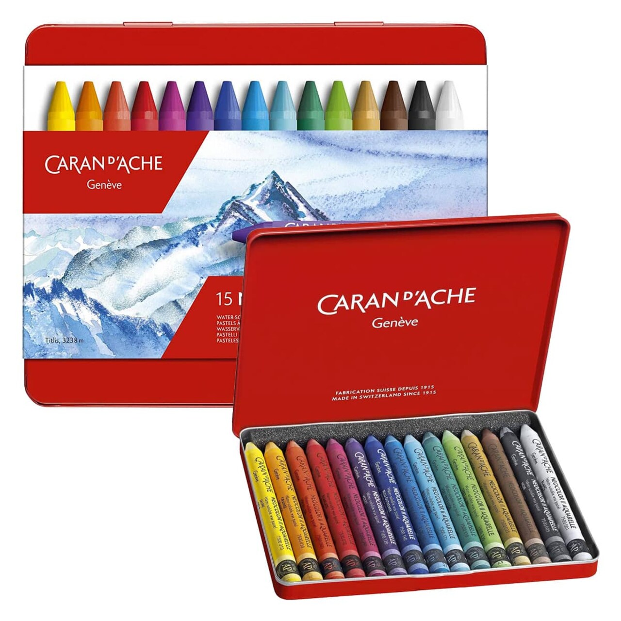 Caran D'ache NeoColor II Crayons Tin Case Set of 15 - Assorted Colors